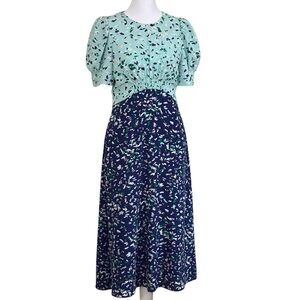 Vince Camuto Mint Navy Blue Pink Abstract Floral Pebble Crepe Midi Dress Sz 4